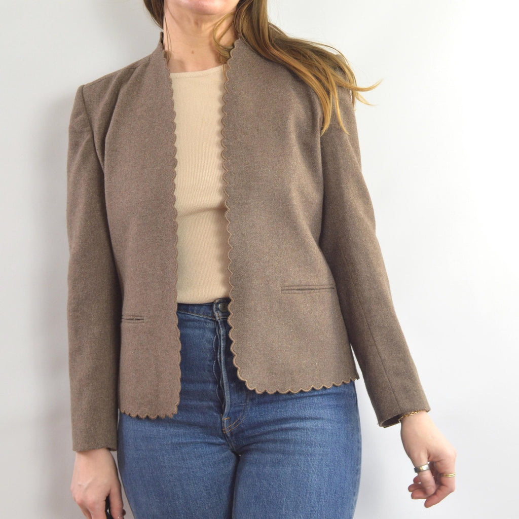 vintage taupe brown wool blend scallop edge blazer