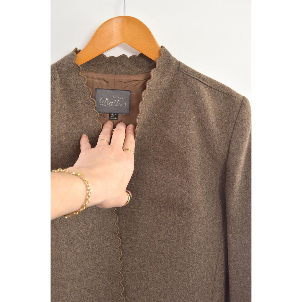 vintage taupe brown wool blend scallop edge blazer