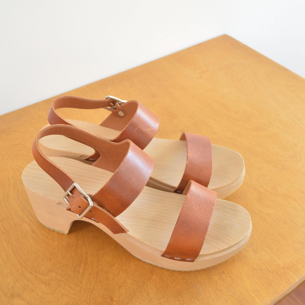 simple two strap wooden and leather clog heels