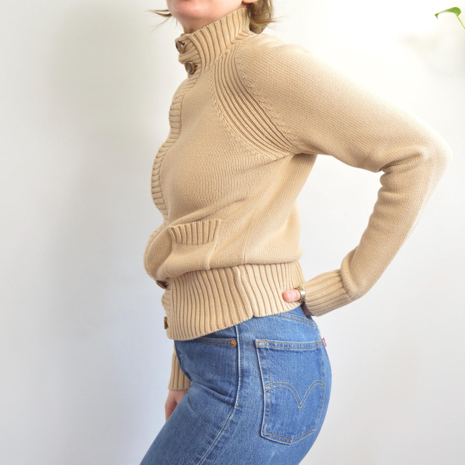 dark beige zip up calvin klein turtleneck sweater
