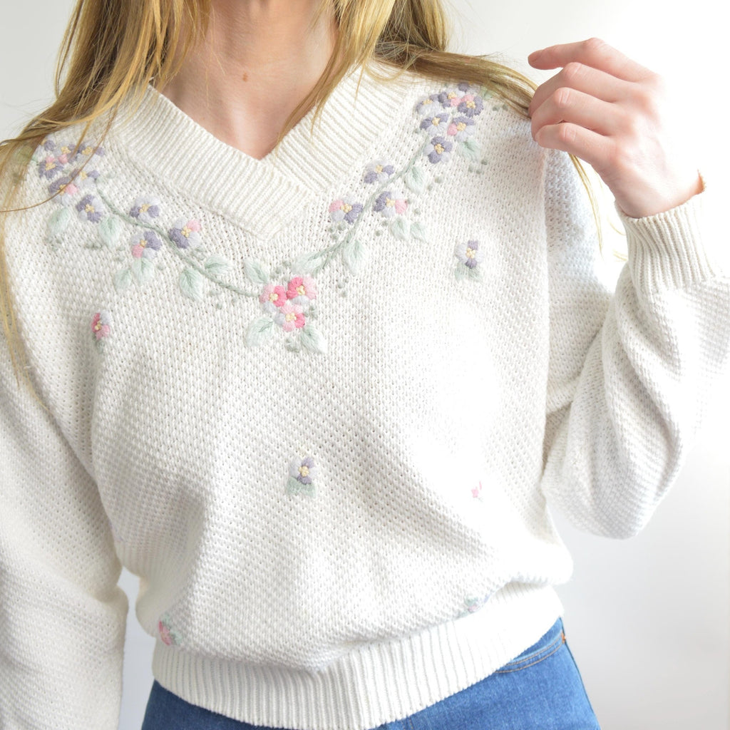 white cropped floral embroidered cotton blend sweater
