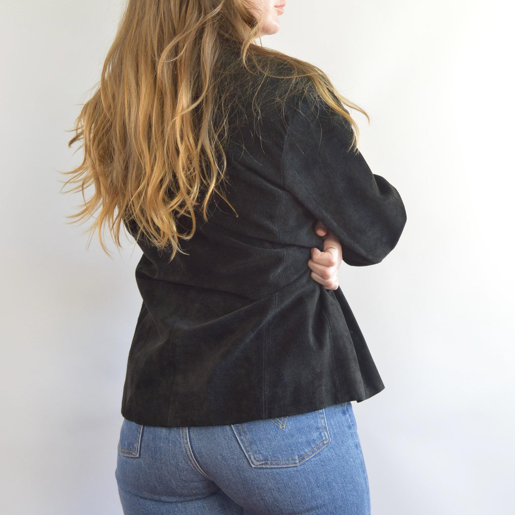 pure suede leather black slightly cropped single button jacket