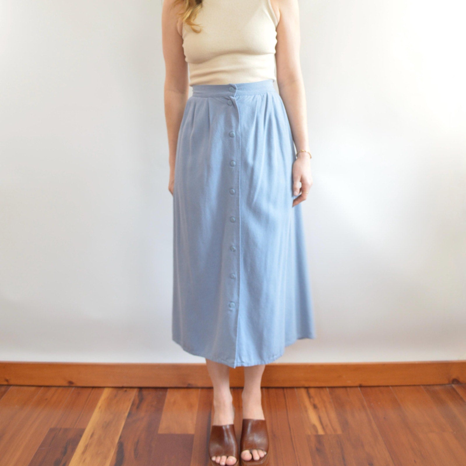 100% silk robins egg blue button down elastic waist midi skirt