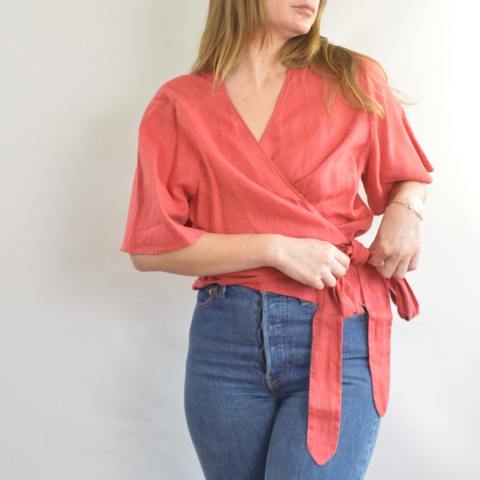 red 100% linen wrap top