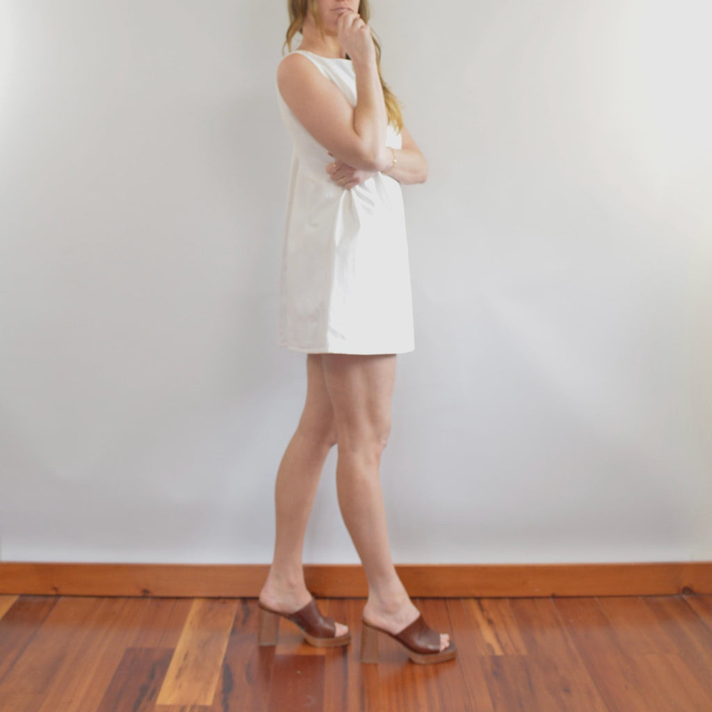 thick structured white denim mini dress