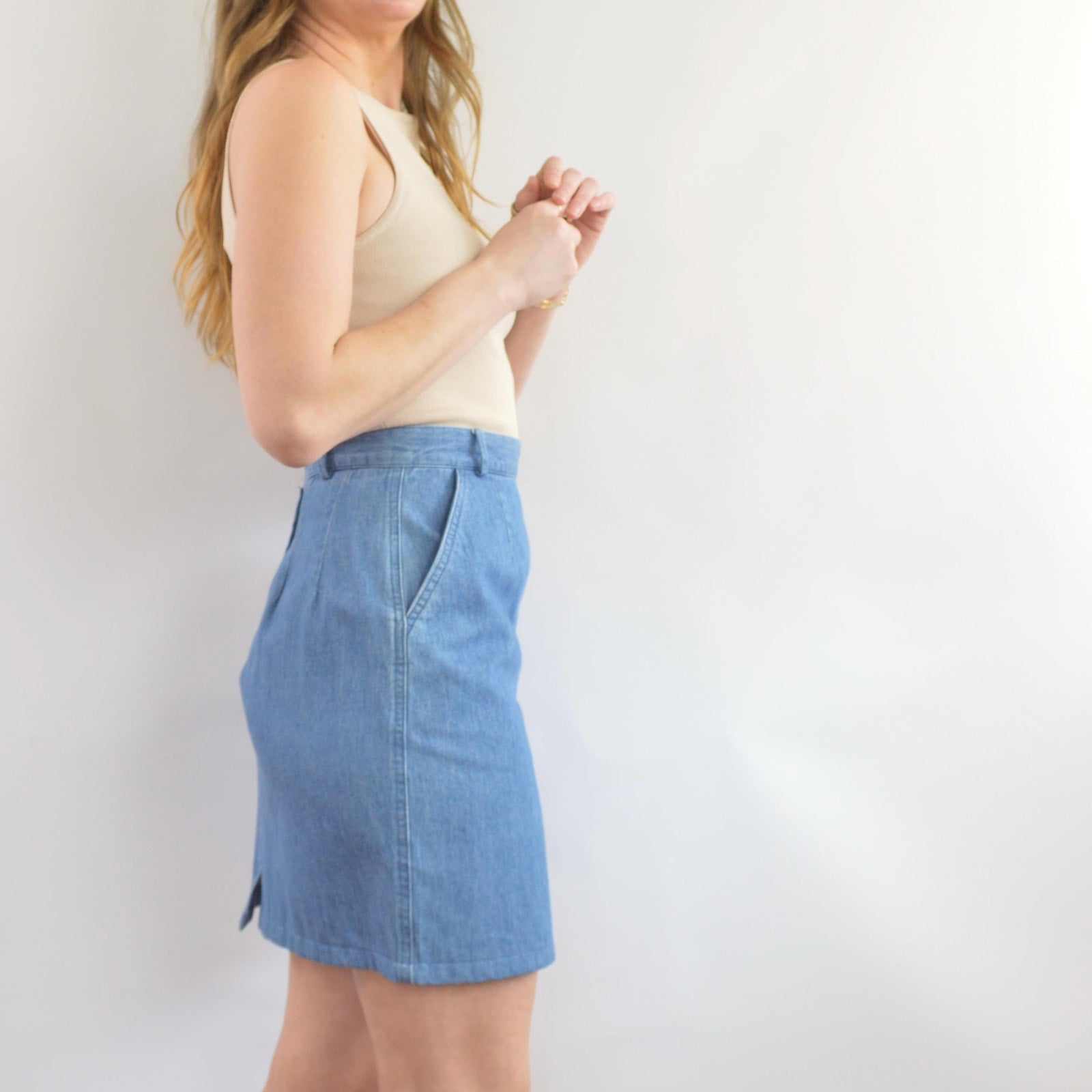 lightweight mid wash denim mini skirt