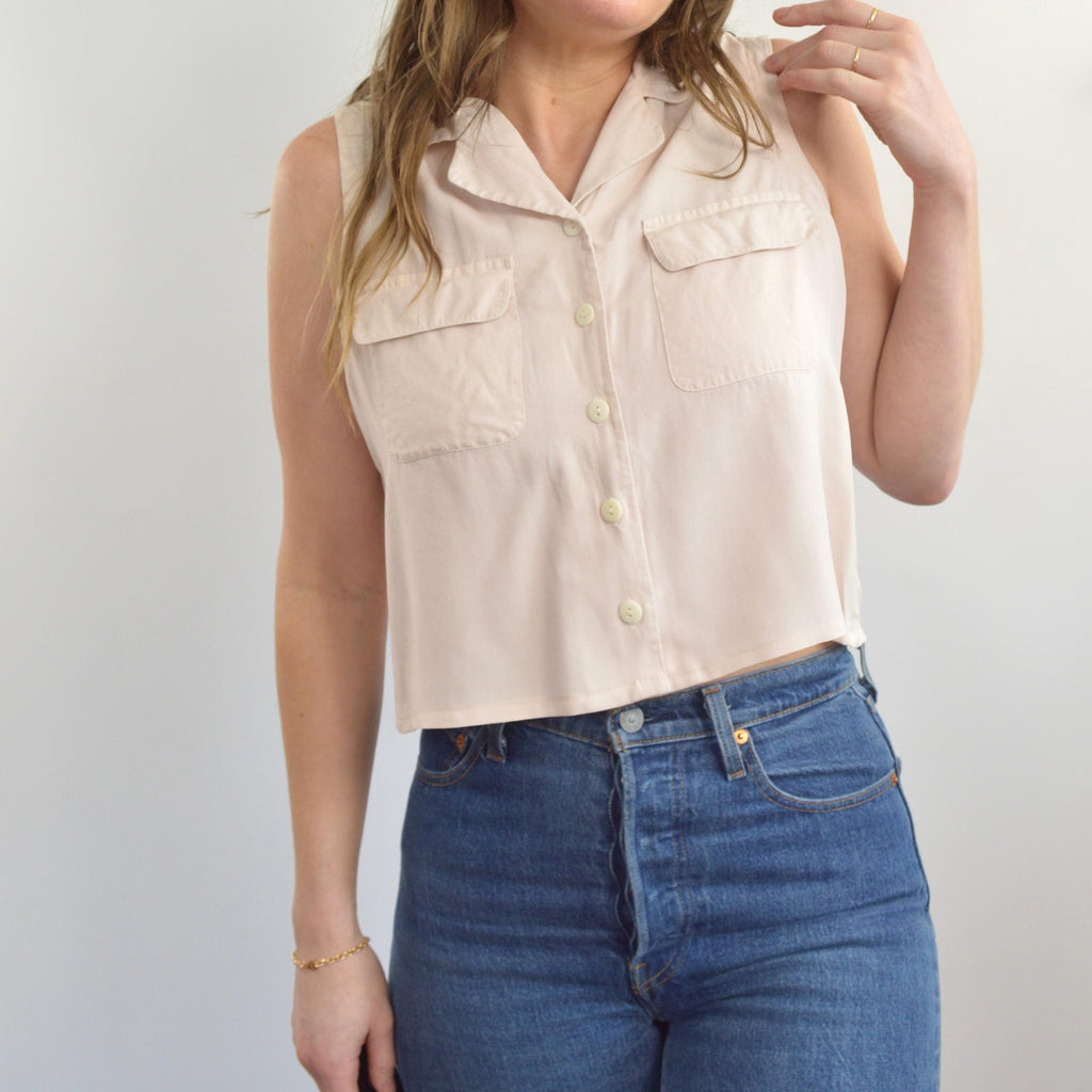 subtle light pink cropped button down 100% silk top