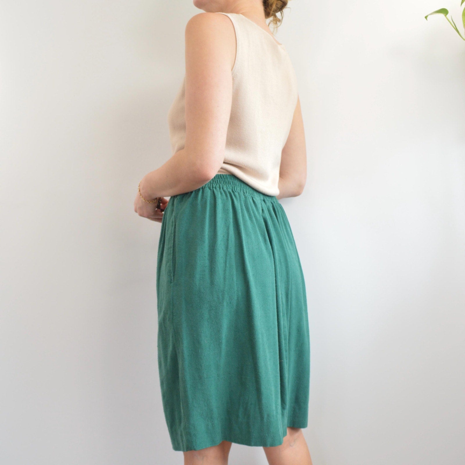 pure silk green elastic waist midi skirt with pockets