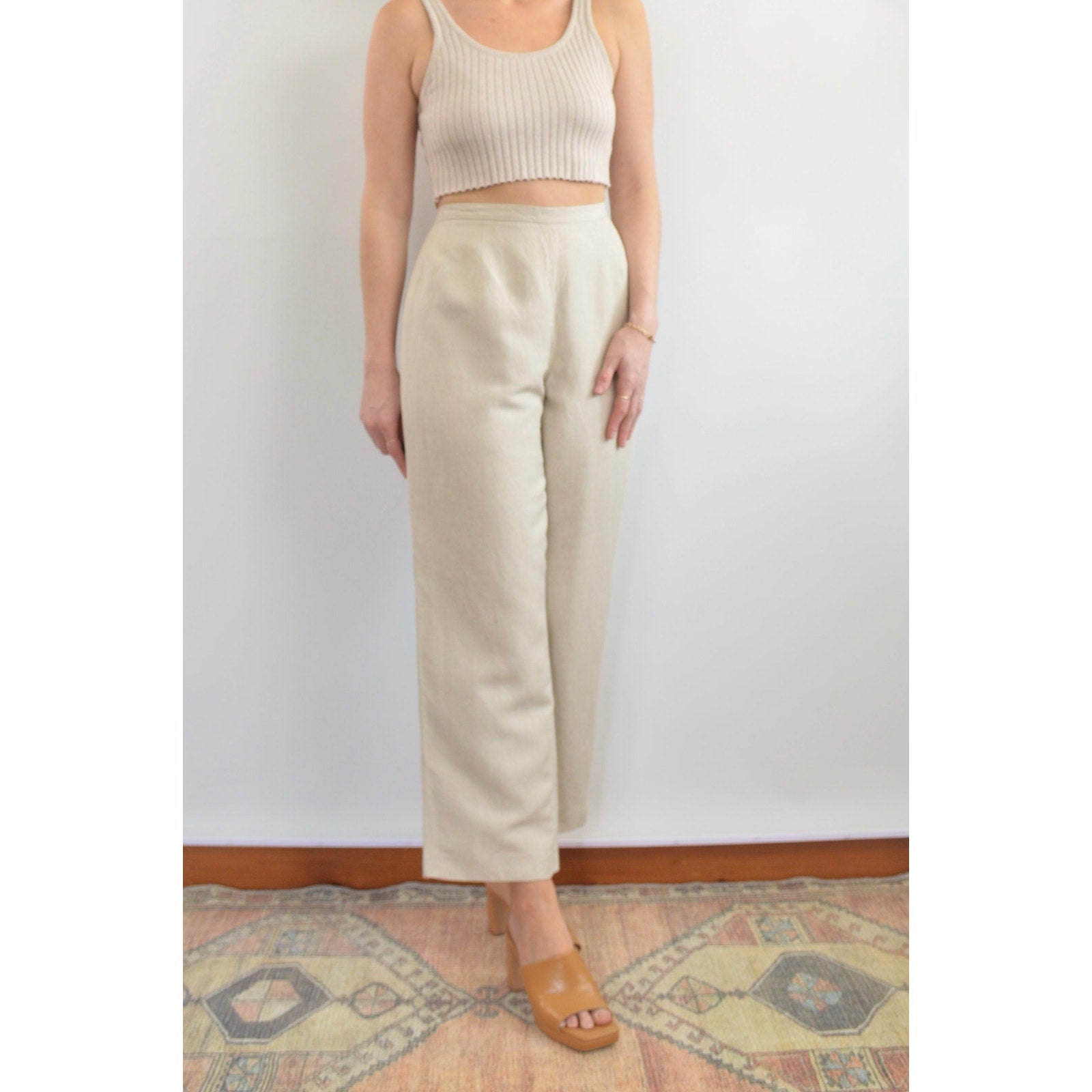 vintage covington petite fully lined high waisted beige wide leg pants