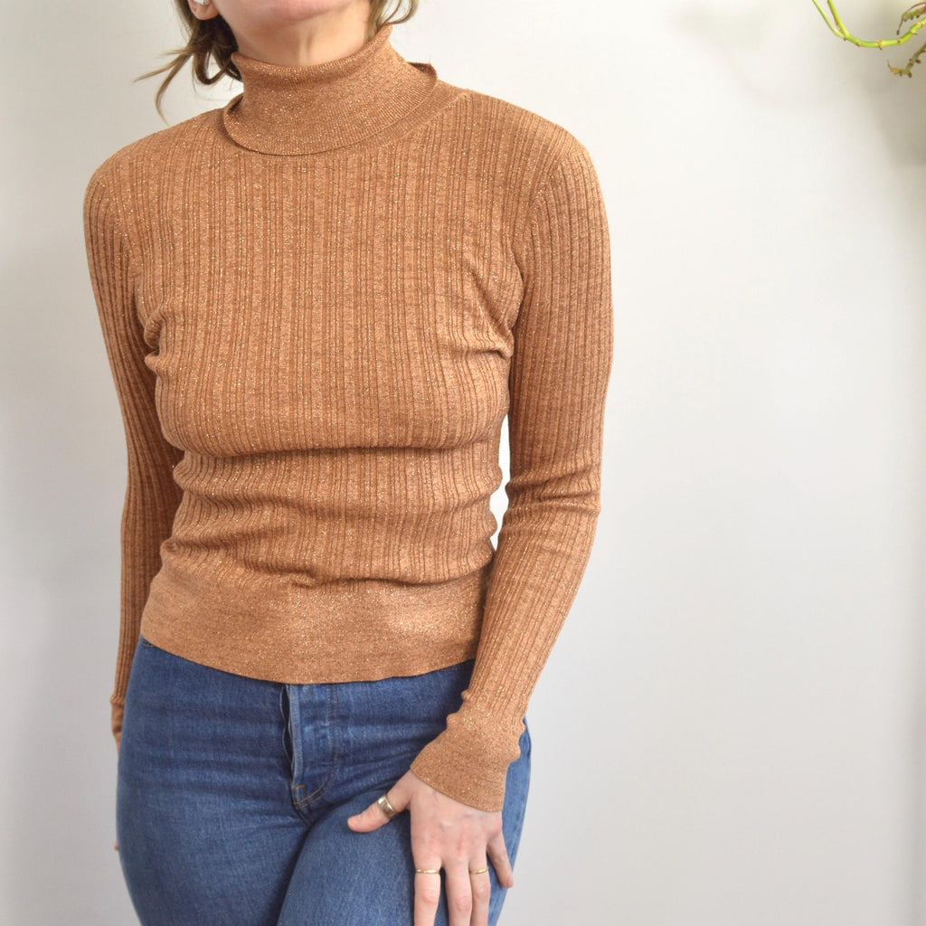 silk blend copper glitter knit turtleneck sweater top