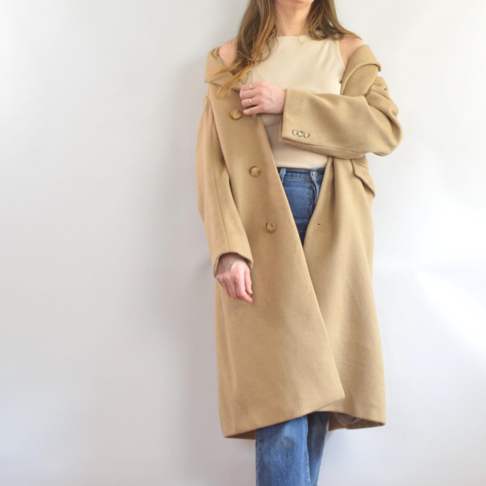 lux camel tan long wool/cashmere blend overcoat