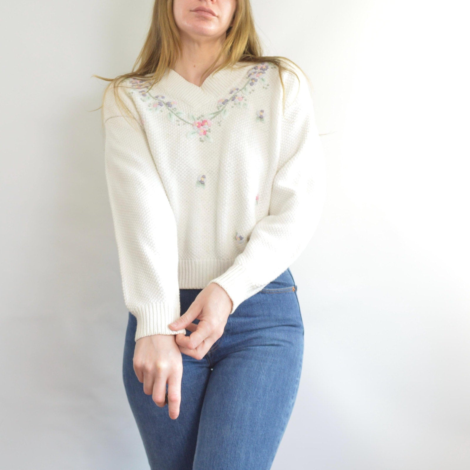 white cropped floral embroidered cotton blend sweater