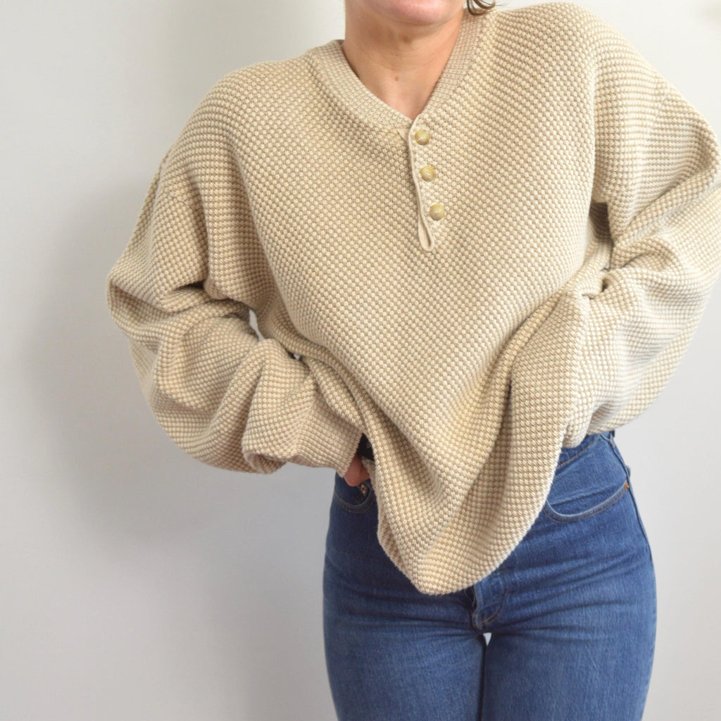 classic susquehanna trail beige and cream bubble knit quarter button cotton sweater