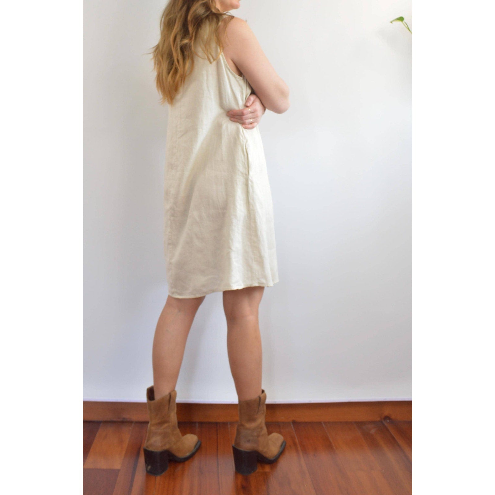 light beige linen tent tank dress with pockets
