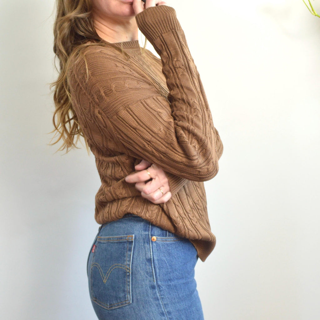 pure silk warm light brown cable knit crew neck sweater