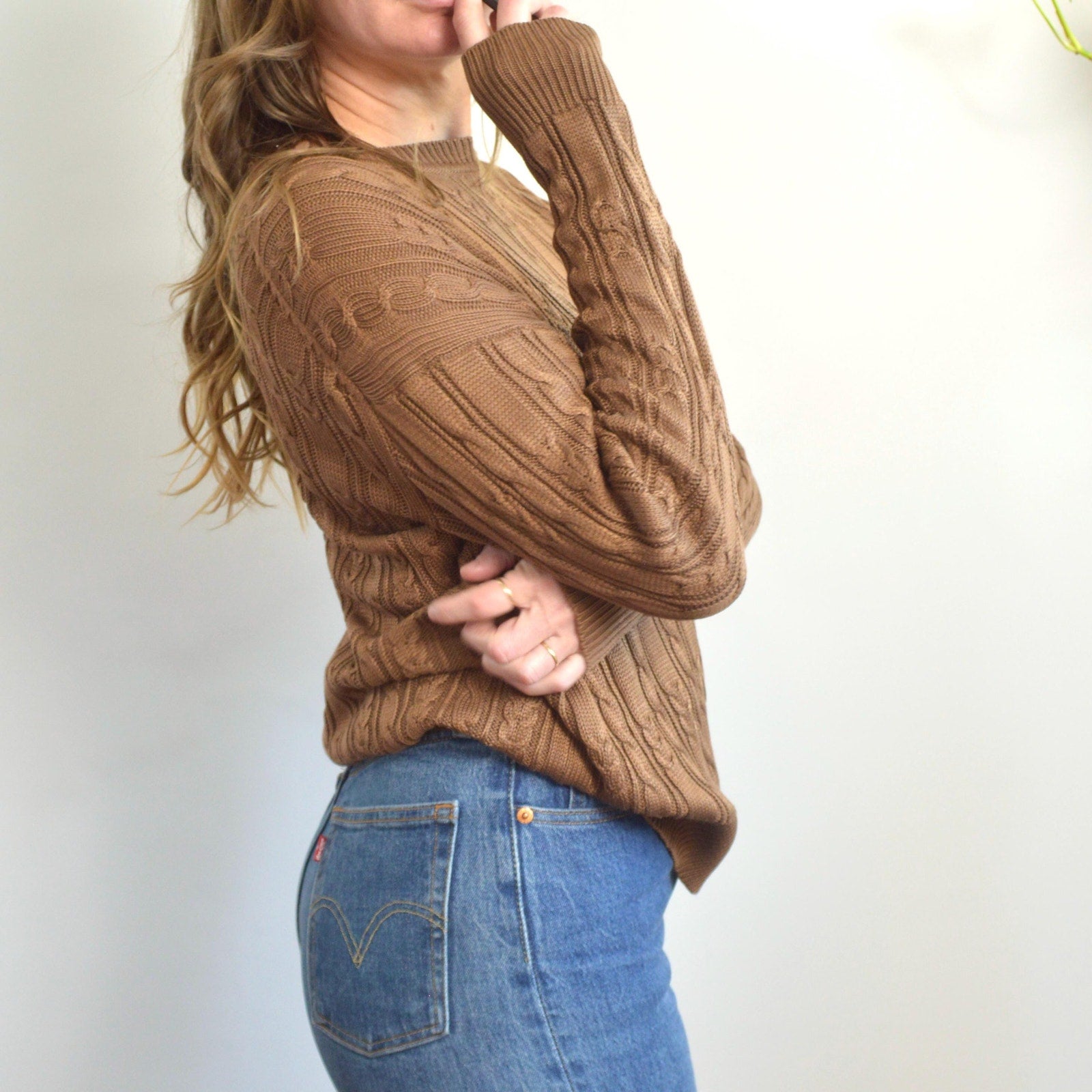 pure silk warm light brown cable knit crew neck sweater