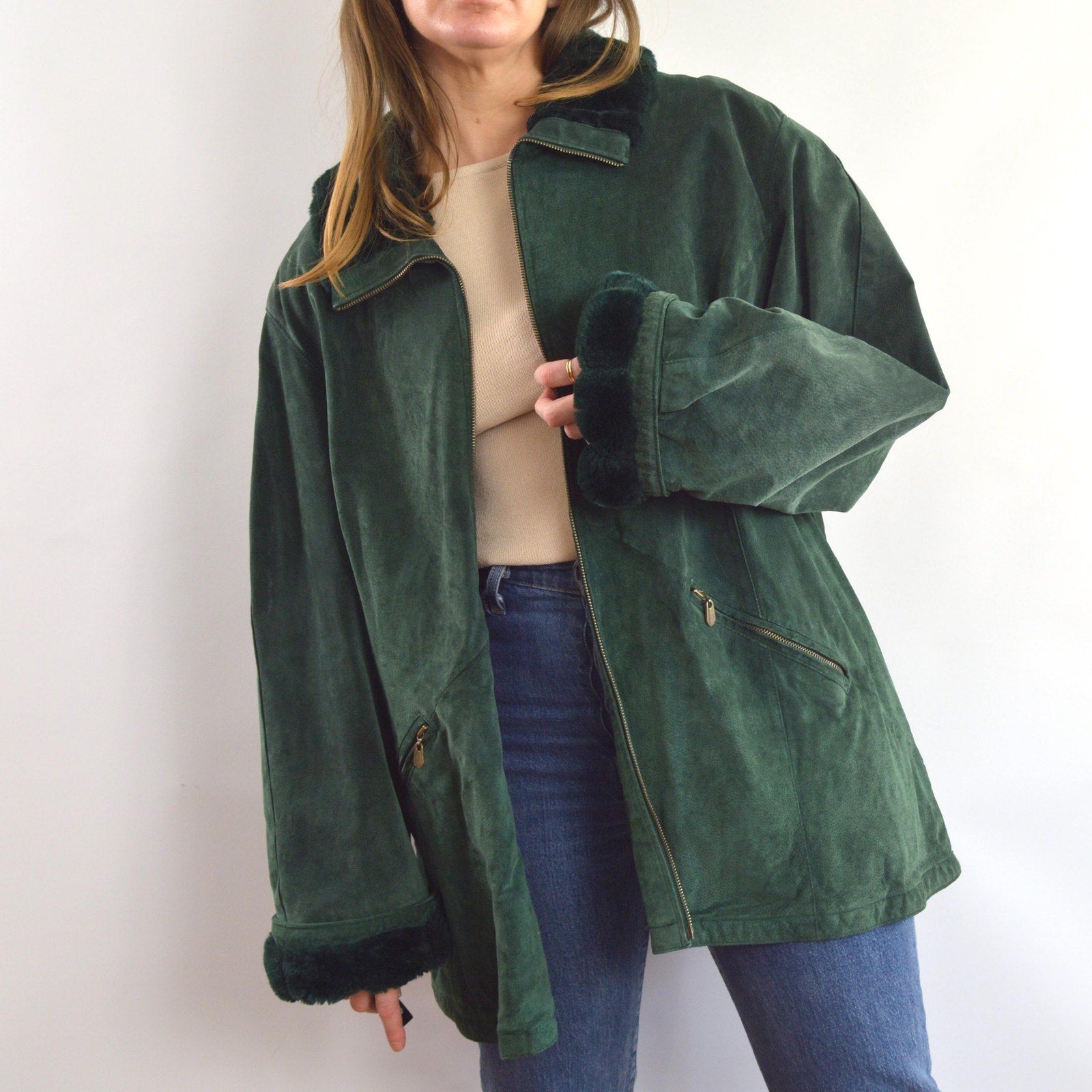 evergreen suede chore coat with sheepskin collar and cuffs