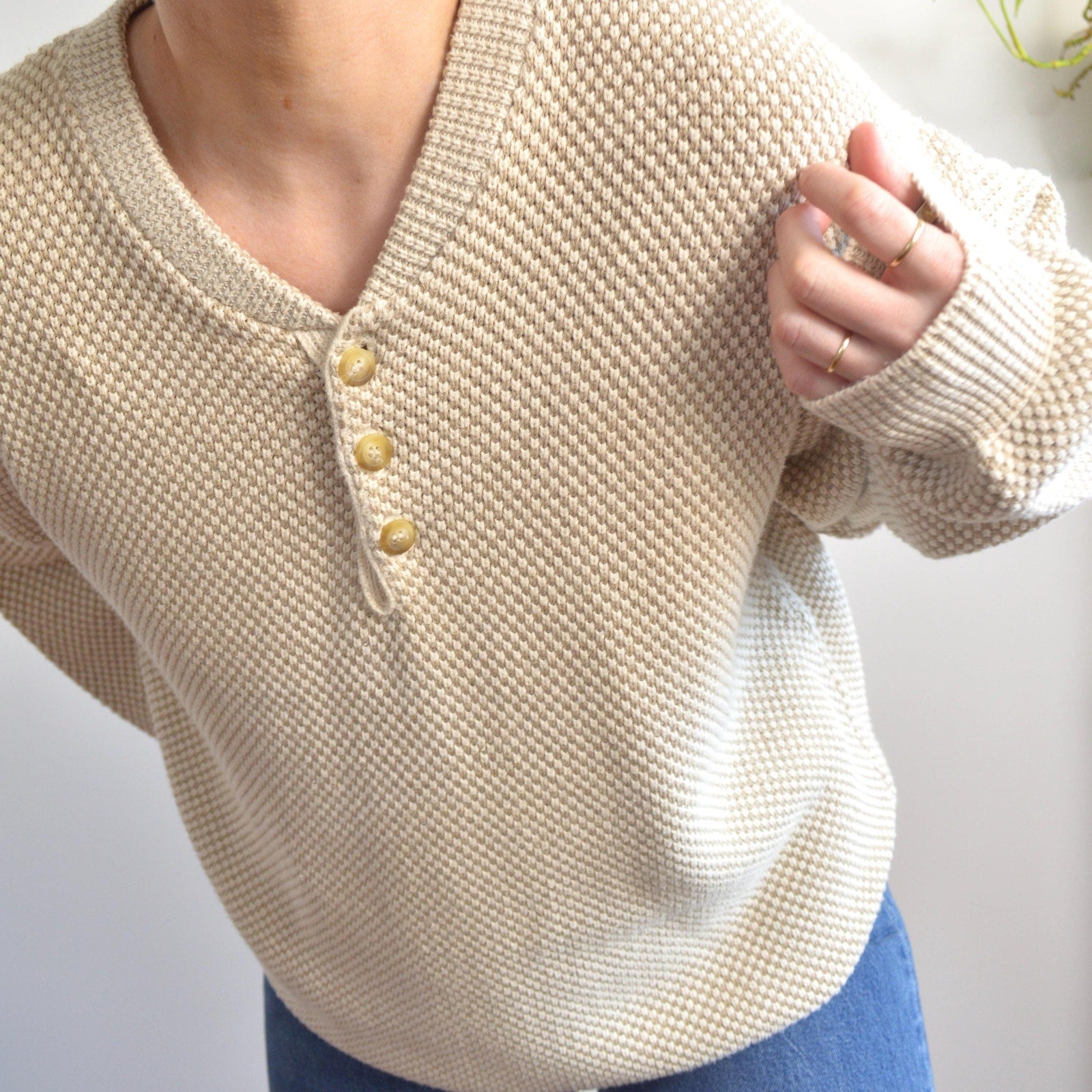 classic susquehanna trail beige and cream bubble knit quarter button cotton sweater