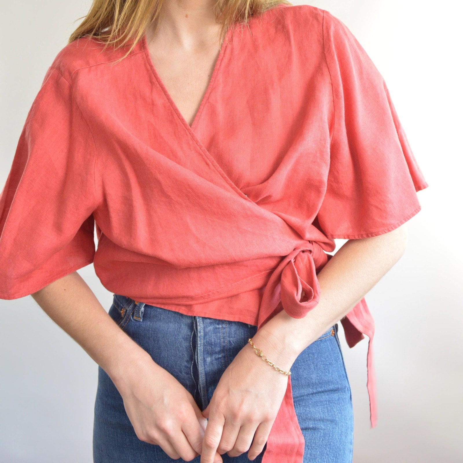 red 100% linen wrap top