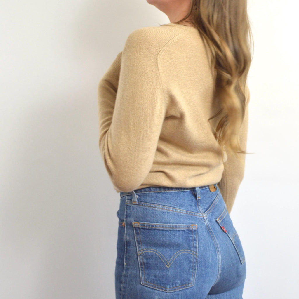 petite camel tan vintage 100% cashmere v neck sweater