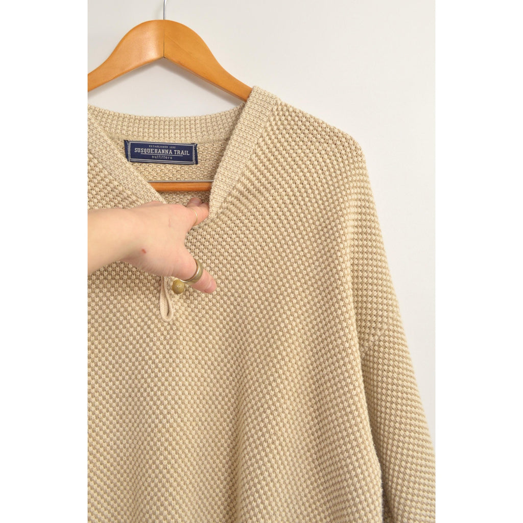classic susquehanna trail beige and cream bubble knit quarter button cotton sweater