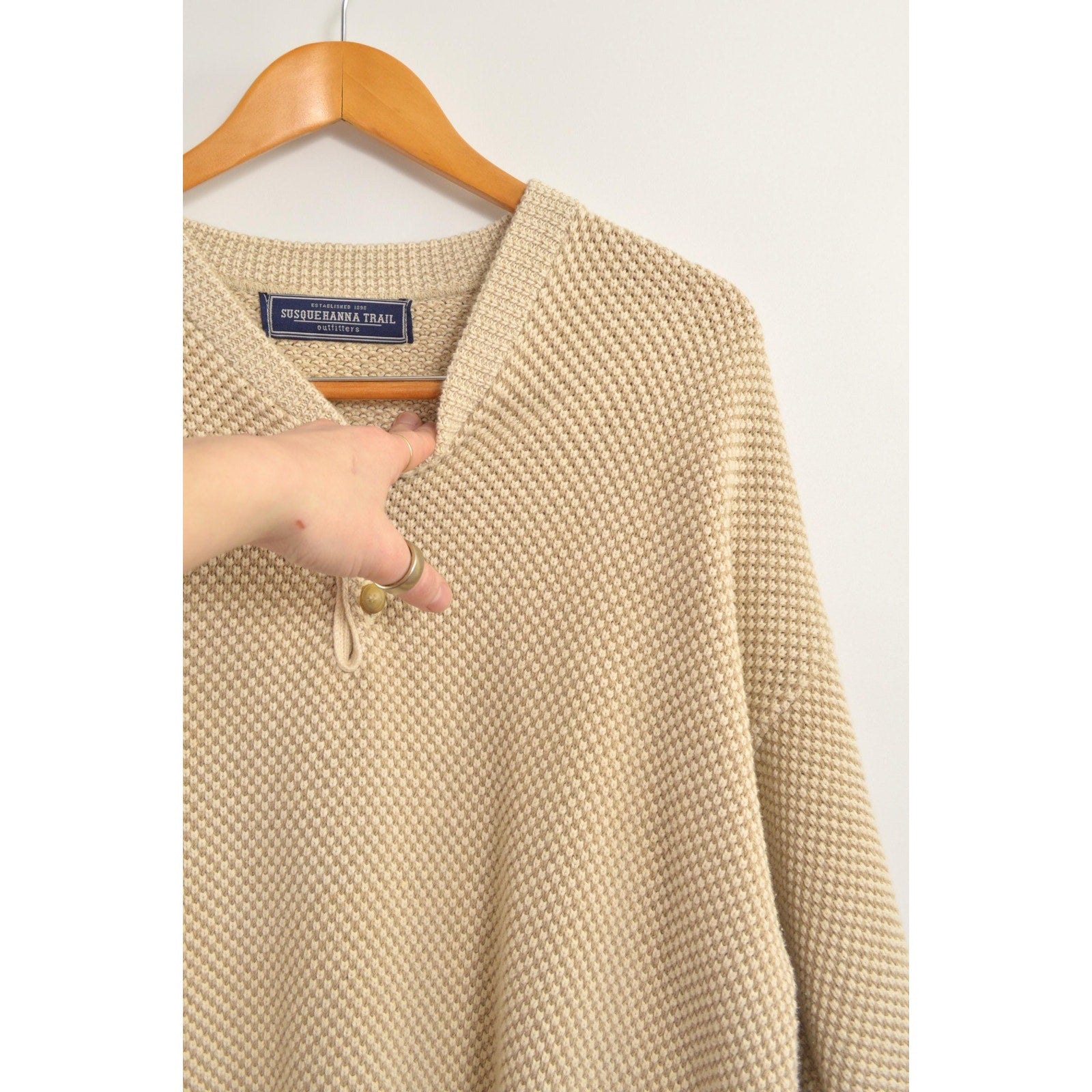 classic susquehanna trail beige and cream bubble knit quarter button cotton sweater