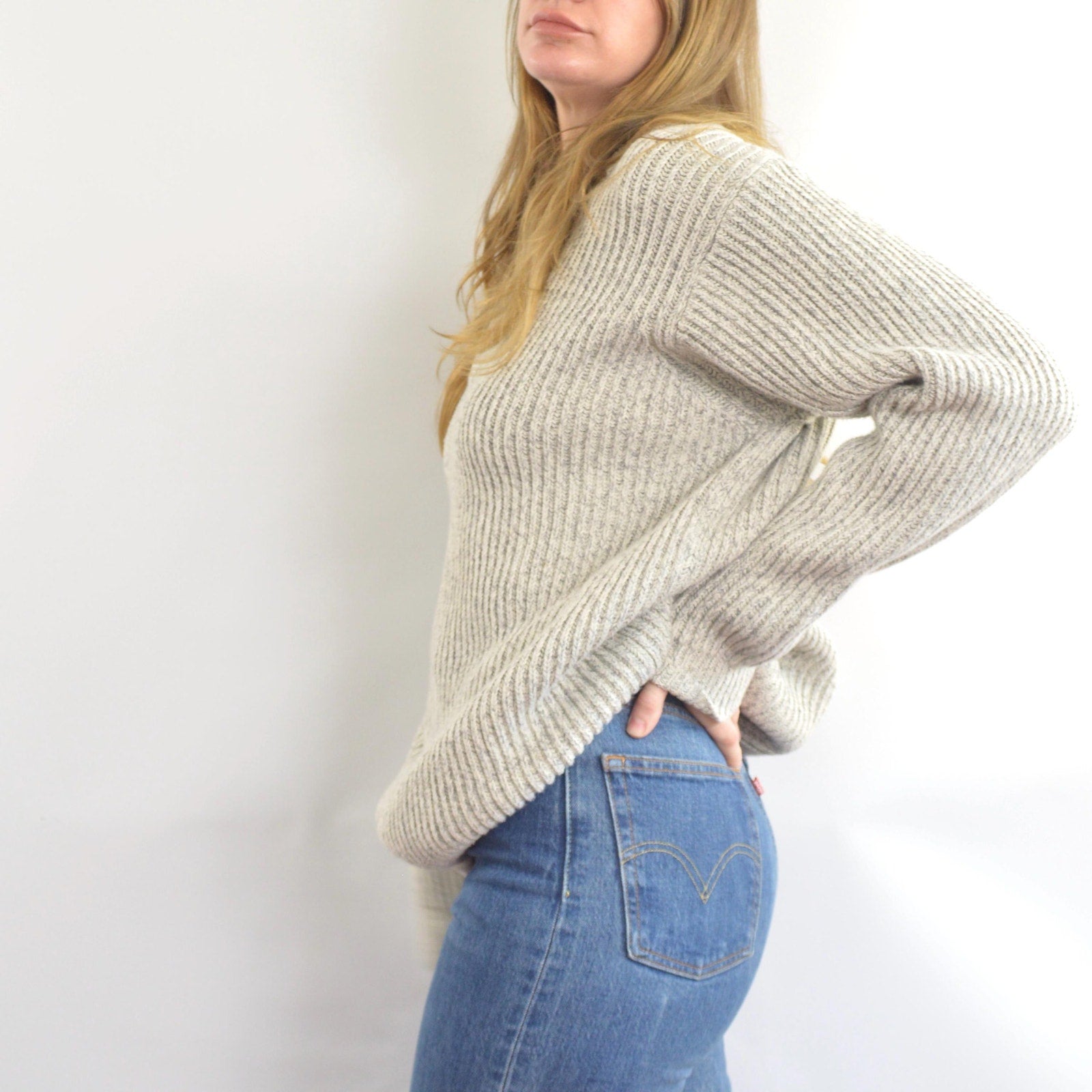 blue and white marled knit cotton quarter button vintage ll bean sweater