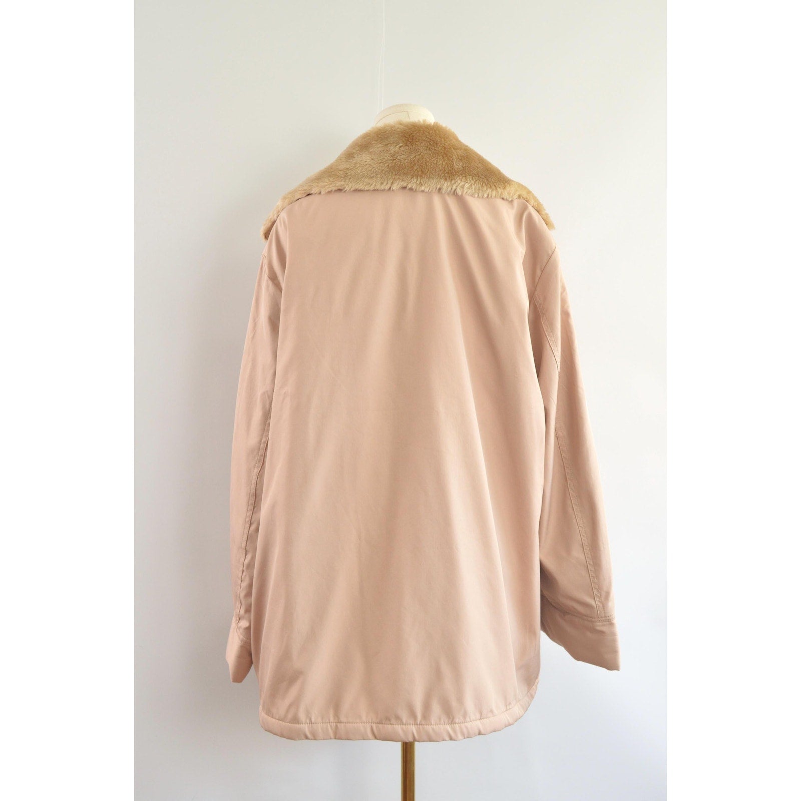 blush and tan cotton blend quilted insulated parka with removable faux fur collar