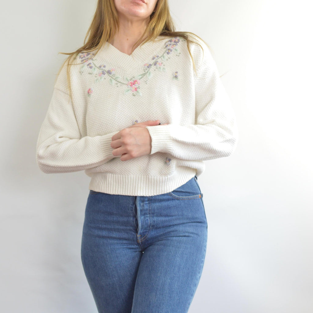 white cropped floral embroidered cotton blend sweater