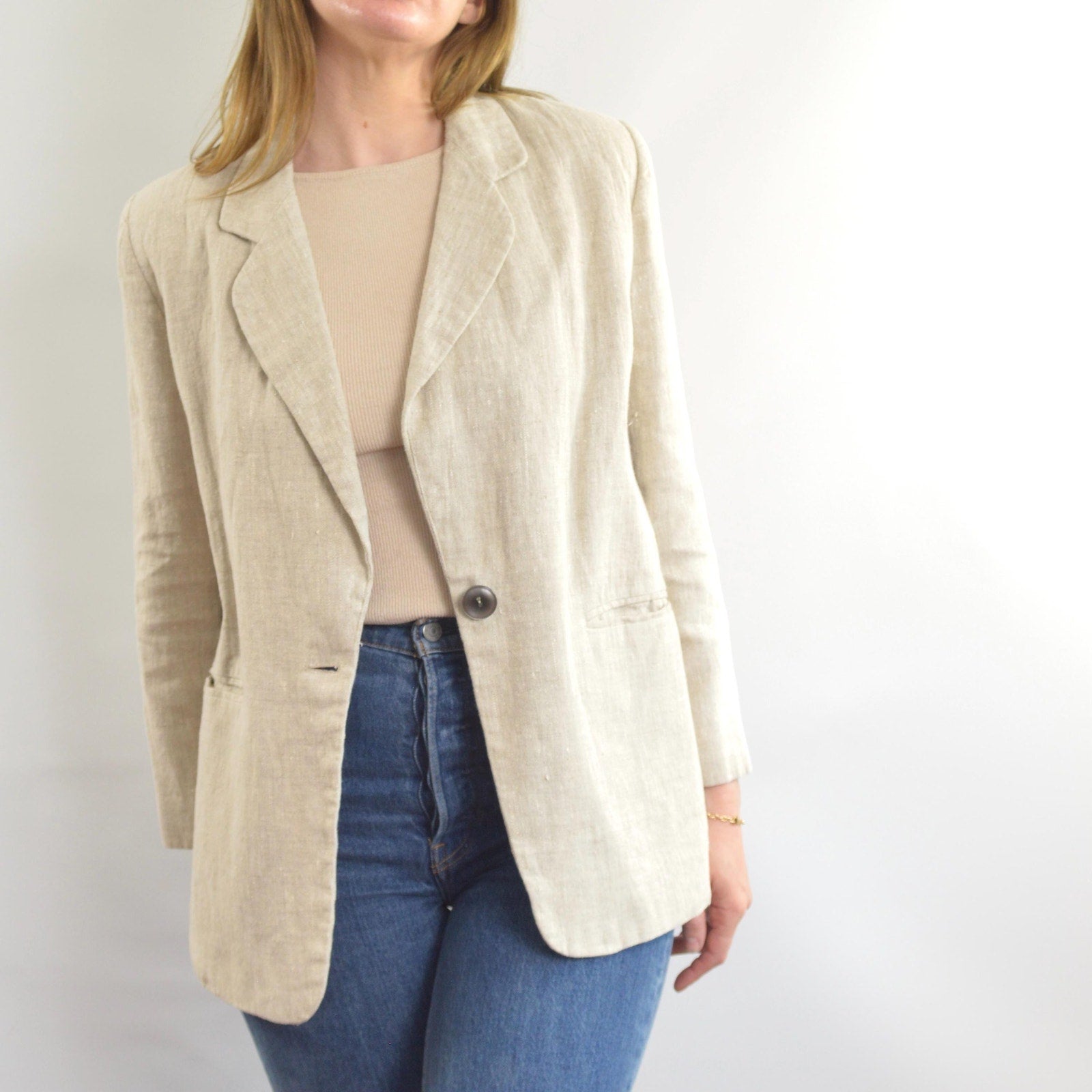 vintage oatmeal beige 100% linen blazer