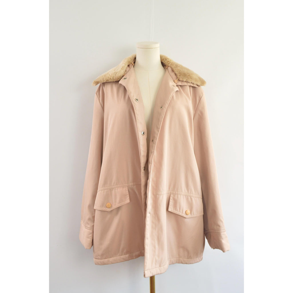 blush and tan cotton blend quilted insulated parka with removable faux fur collar