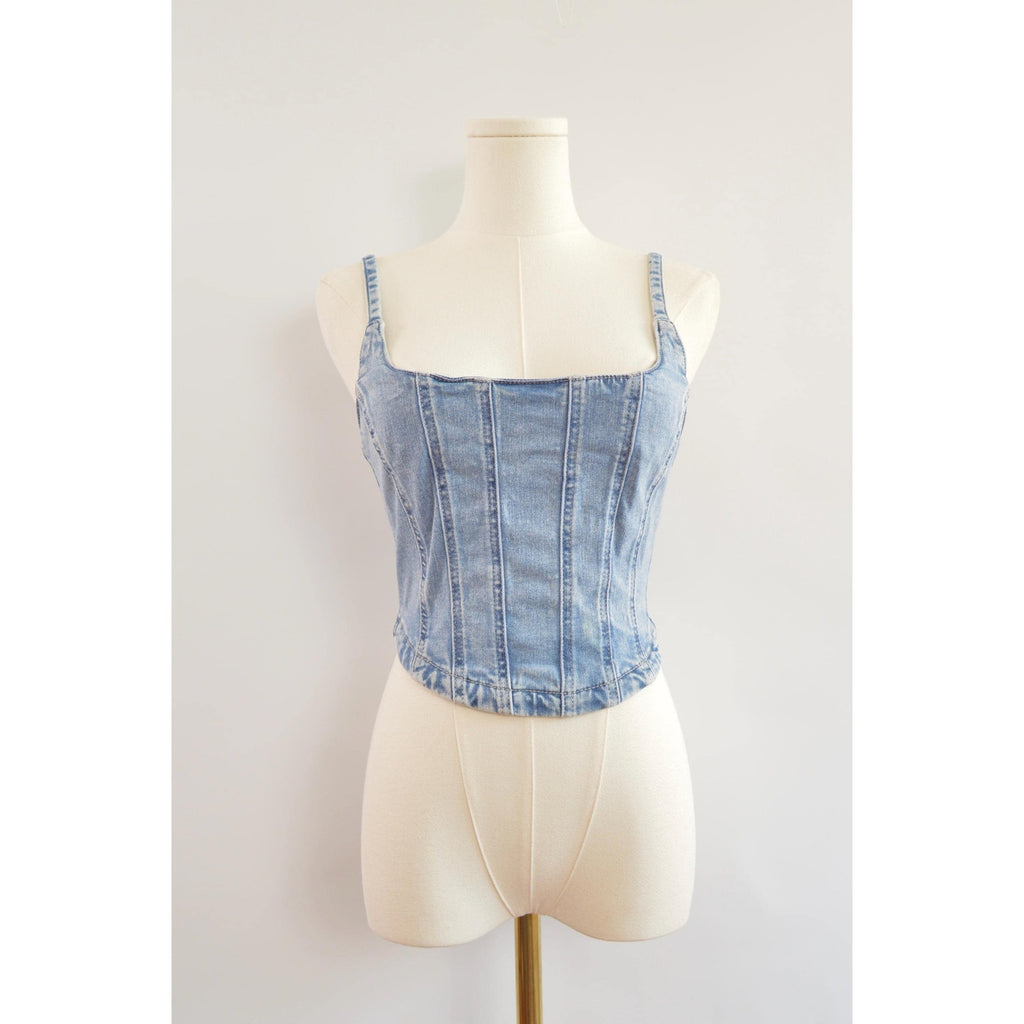 medium wash denim bustier tank with adjustable straps