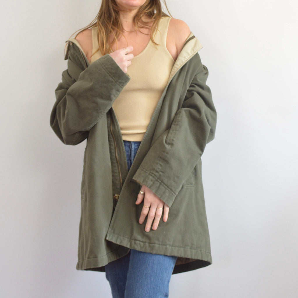 quilted olive green cotton mid length chore coat