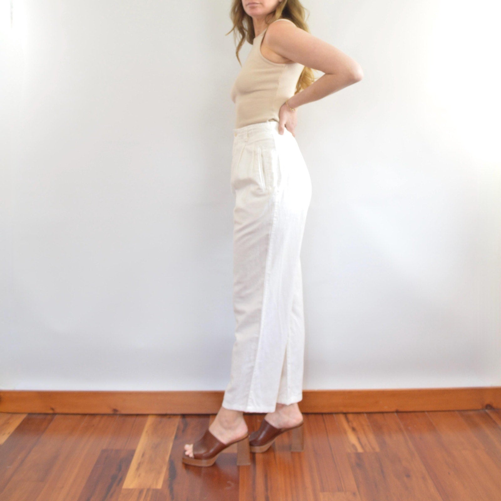vintage white liz sport linen and cotton straight leg pants