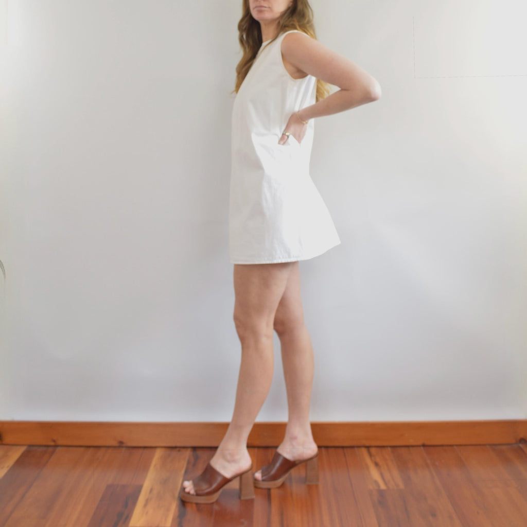 thick structured white denim mini dress