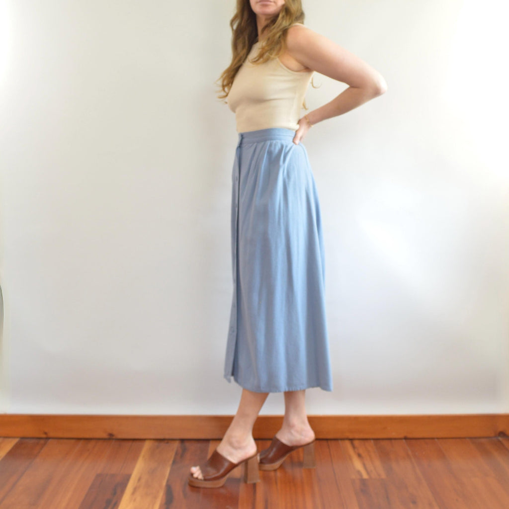 100% silk robins egg blue button down elastic waist midi skirt