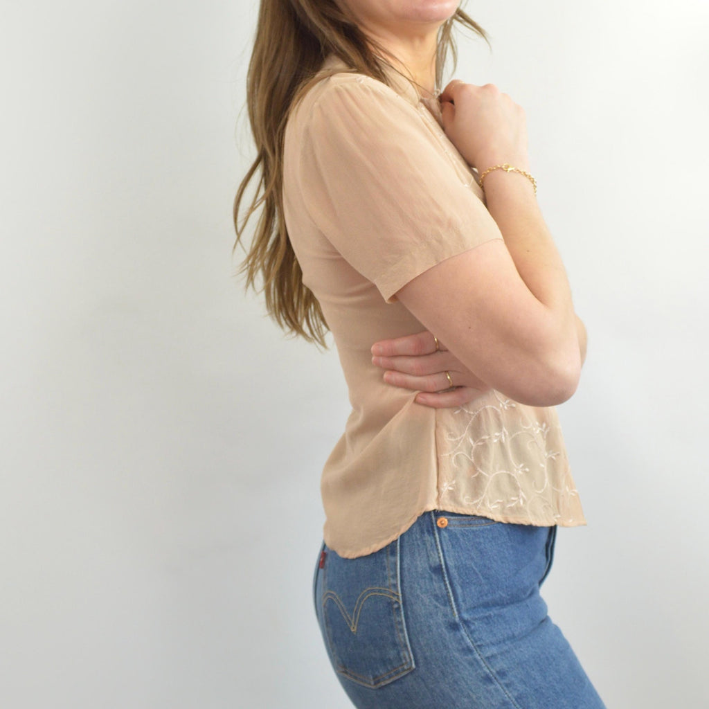 dusty rose beige embroidered silk button down blouse