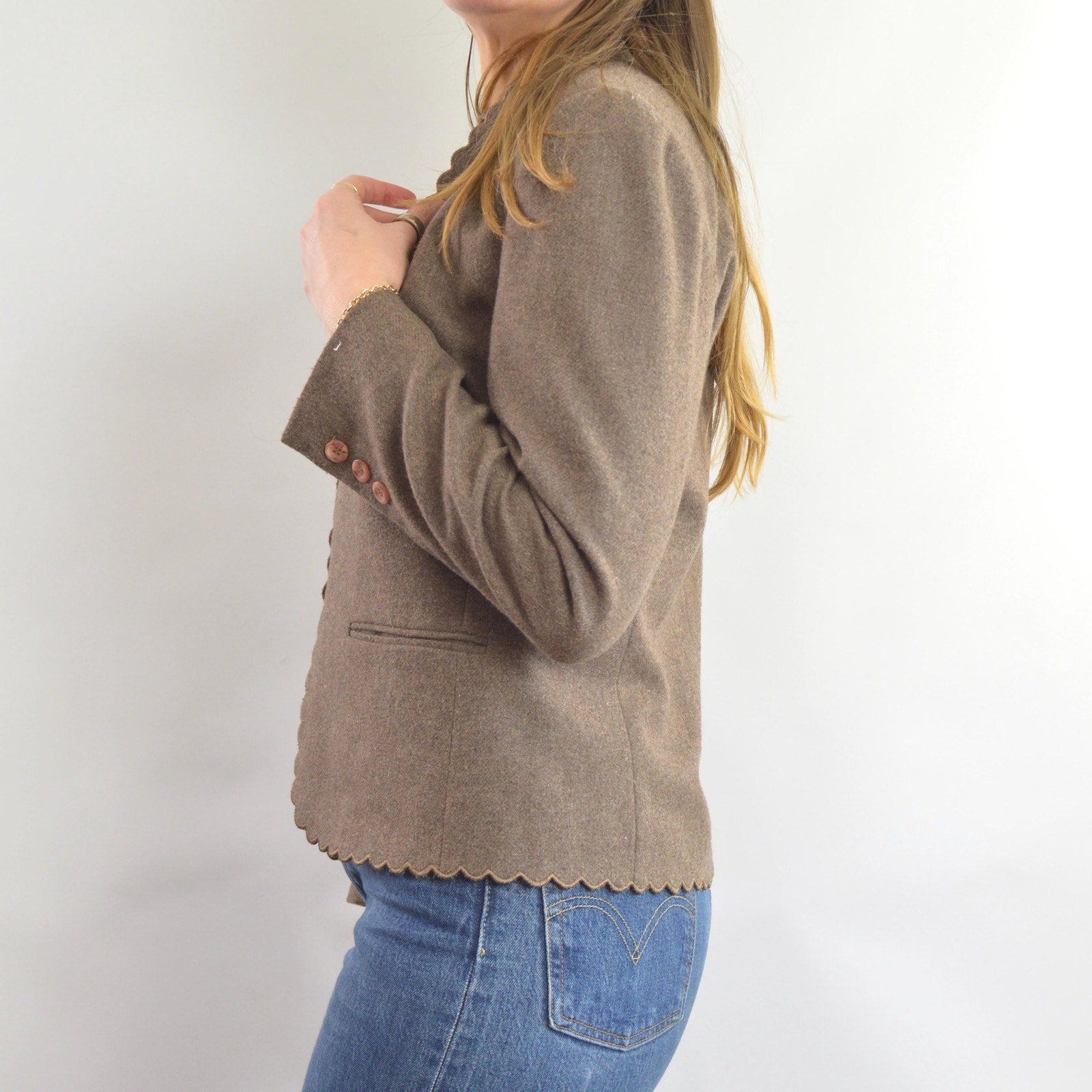 vintage taupe brown wool blend scallop edge blazer