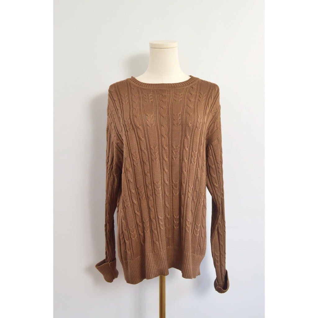 pure silk warm light brown cable knit crew neck sweater
