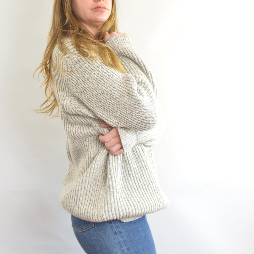 blue and white marled knit cotton quarter button vintage ll bean sweater