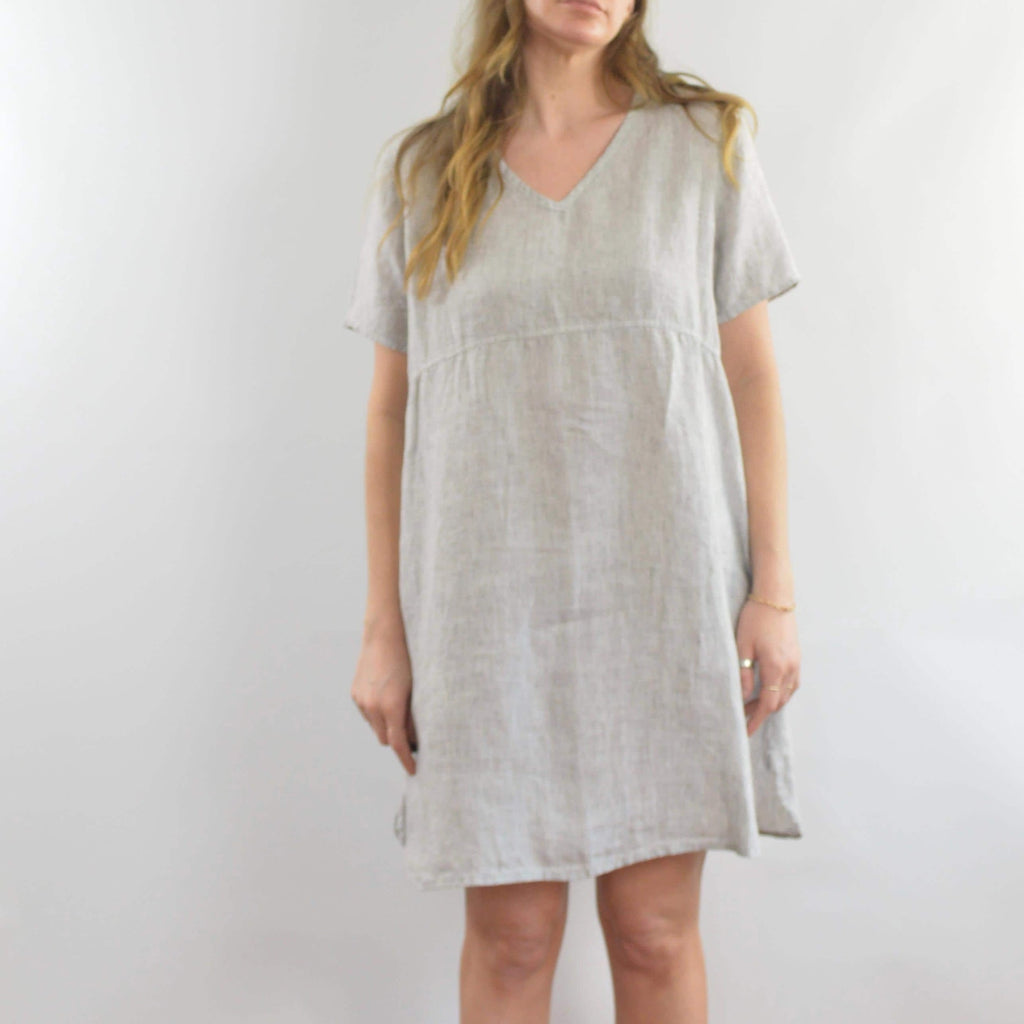100% linen blue and white striped flax mini tee dress with pockets