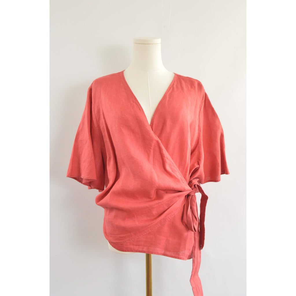 red 100% linen wrap top