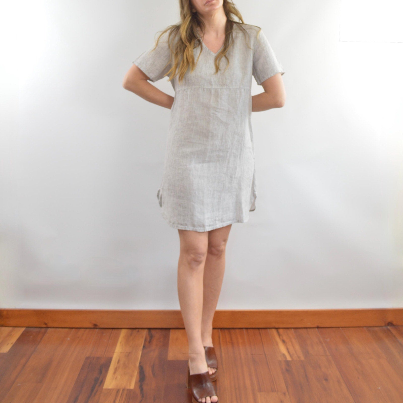 100% linen blue and white striped flax mini tee dress with pockets