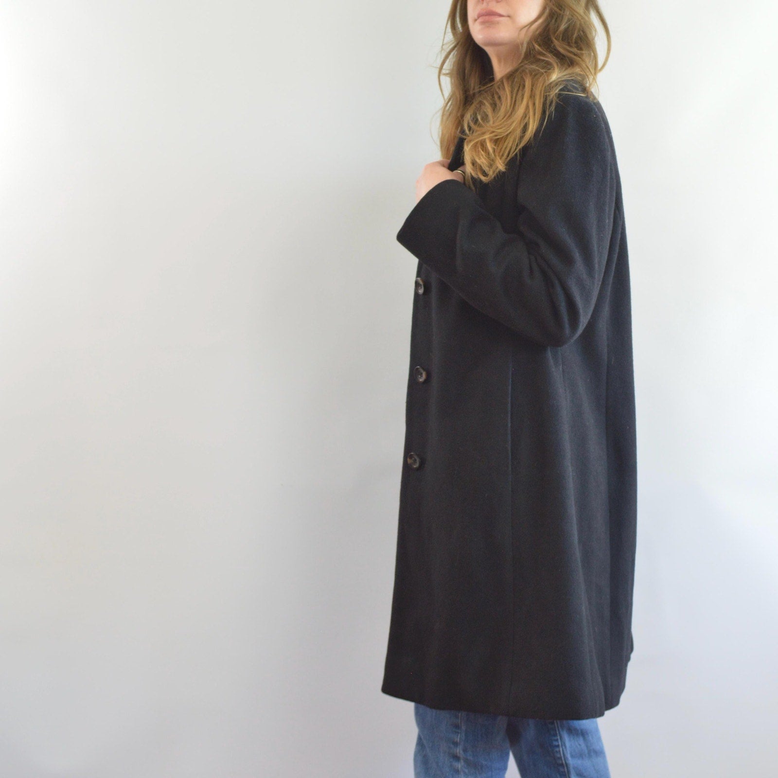 fully lined mid length vintage jones new york black wool overcoat