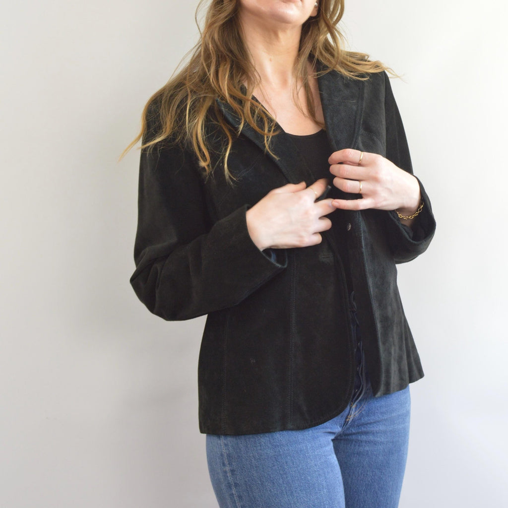 pure suede leather black slightly cropped single button jacket