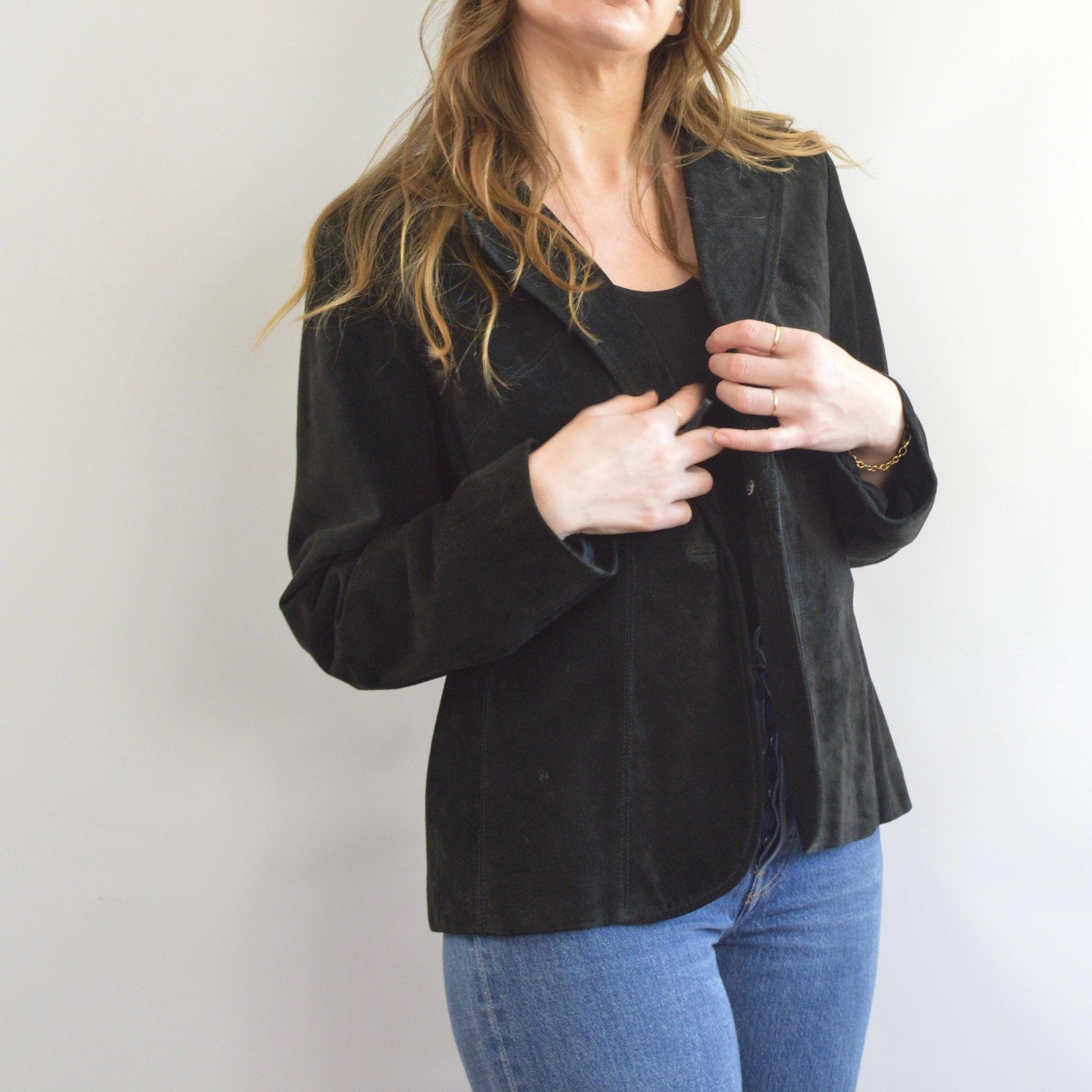 pure suede leather black slightly cropped single button jacket