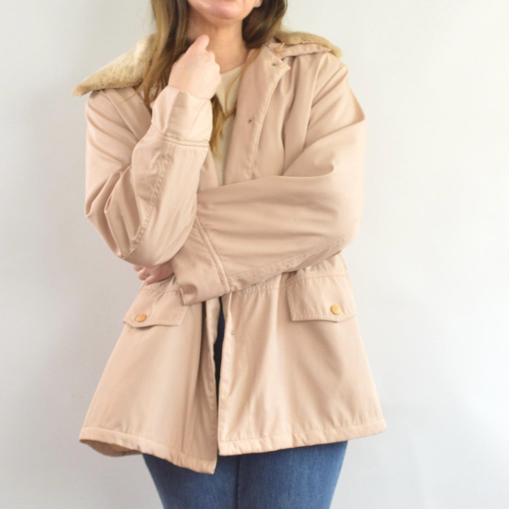 blush and tan cotton blend quilted insulated parka with removable faux fur collar
