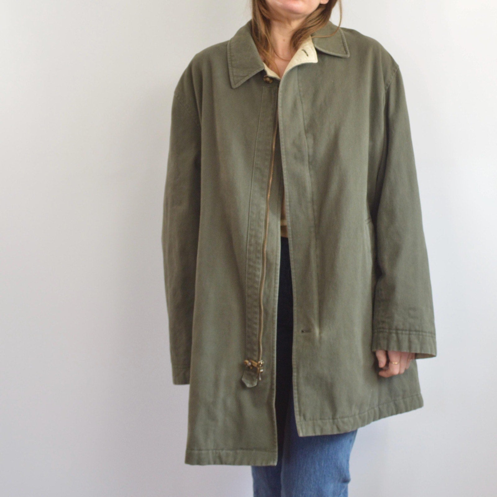 quilted olive green cotton mid length chore coat