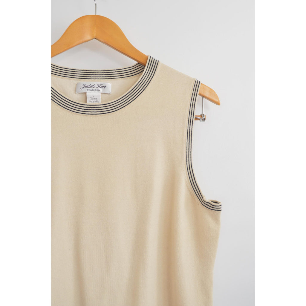 sweater knit silk blend tank with black striped banding around neck and sleeves