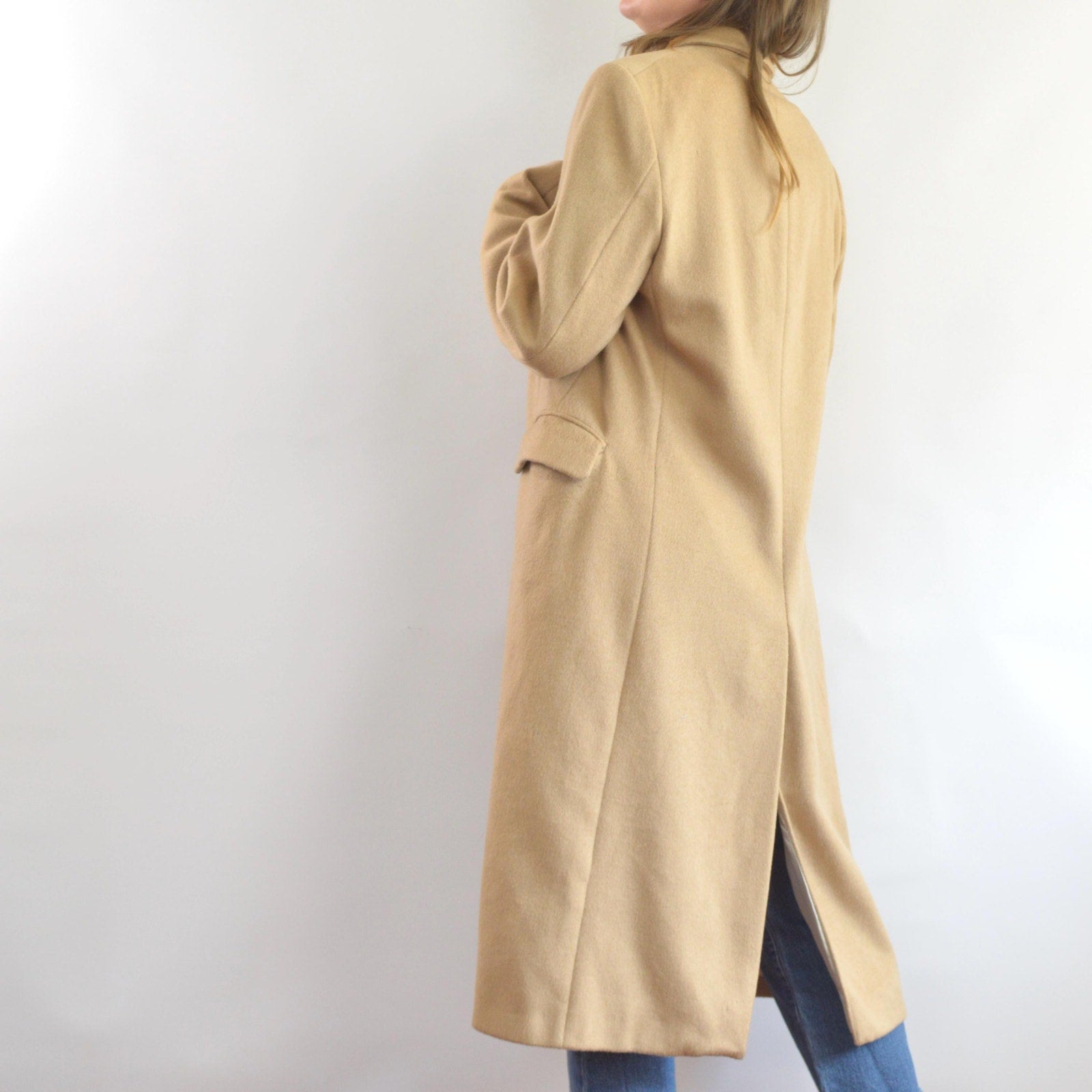 lux camel tan long wool/cashmere blend overcoat